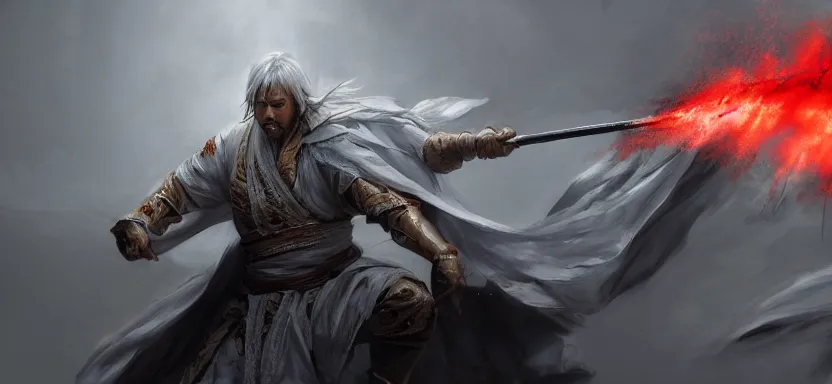 Image similar to Epic action scene, Concept art of a man wielding a guandao, wearing a white garb covered with a long white cloak, red smoke follows his movement, full body wuxia, polearm martial arts by Akihito Yoshitomi AND Yoji Shinkawa AND Greg Rutkowski, Mark Arian trending on artstation, 4k