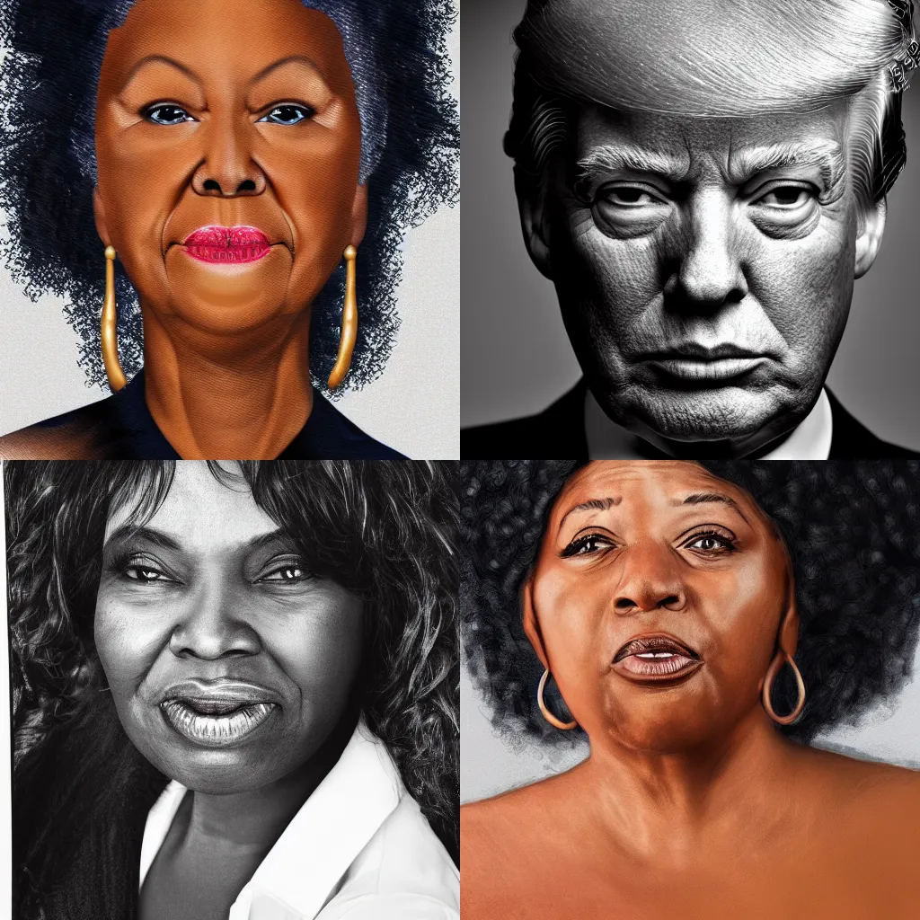 Prompt: Donald Trump as a black woman portrait, photograph, real life, 4K resolution, studio quality, highly detailed