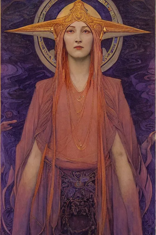 Image similar to goddess of the new moon, by Annie Swynnerton and Nicholas Roerich and jean delville, dramatic cinematic lighting , ornate headdress , flowing robes, lost civilizations, smooth, sharp focus, extremely detailed