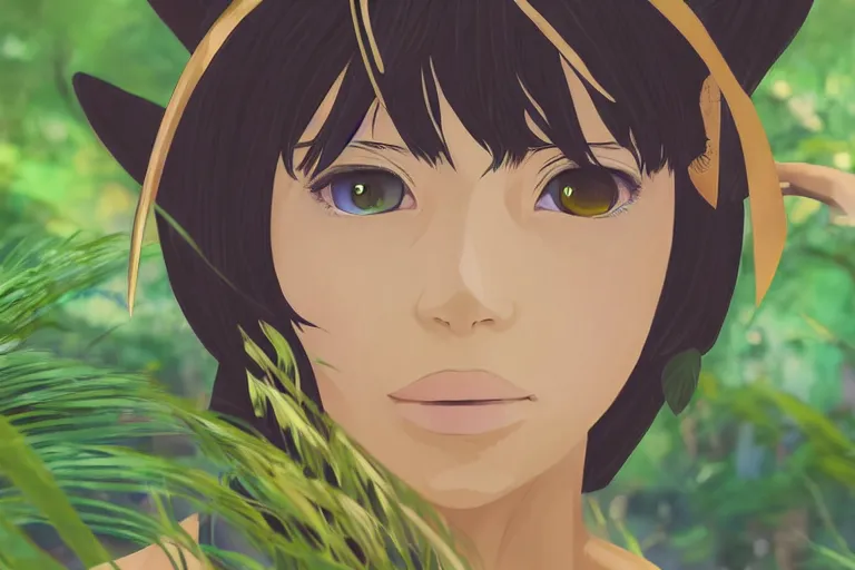 Prompt: female mage with cat ears in a jungle, detailed attractive face, fantasy art, anime style, by makoto shinkai, by studio ghibli, atmospheric, vector art, 4 k film still, close up portrait