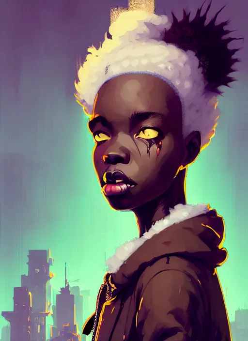 Image similar to highly detailed portrait of a sewer punk african lady, tartan hoody, white afro hair by atey ghailan, by greg rutkowski, by greg tocchini, by james gilleard, by joe fenton, by kaethe butcher, gradient cyan, brown, blonde cream and white color scheme, grunge aesthetic!!! ( ( graffiti tag wall background ) )