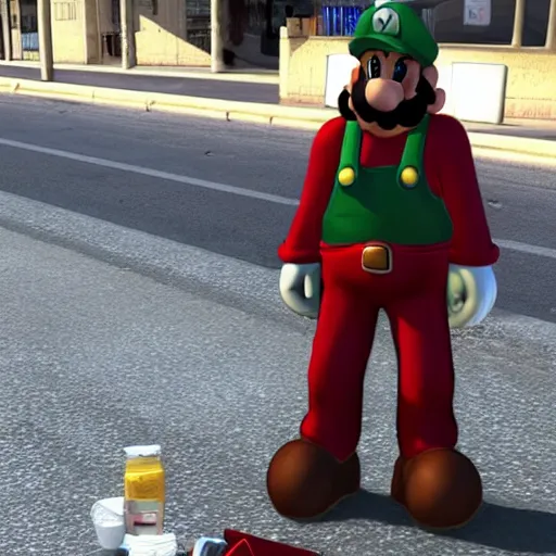 Prompt: photo of mario as a homeless man, ultra realistic details