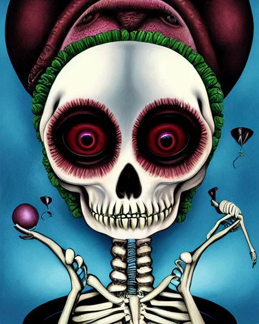 Image similar to a surrealistic head and shoulder painting of a gorgeous female skeleton with cat eyeballs and lipstick and hoodie, in the style of mark ryden, digital art, detailed masterpiece