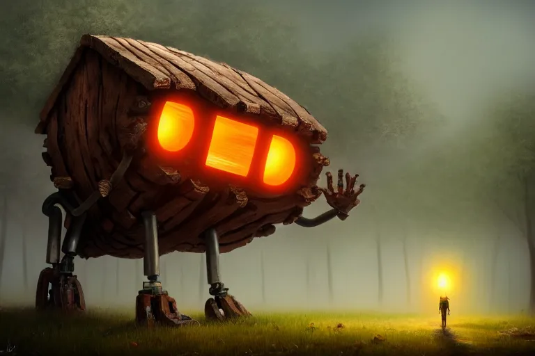 Image similar to a walking wood house with two mechanical legs and two glowing eyes, rust, hyperrealistic, pareidolia, highly detailed, cinematic, single ray of sun, fog, beautiful, cgssociety, artstation, 8 k, oil painting