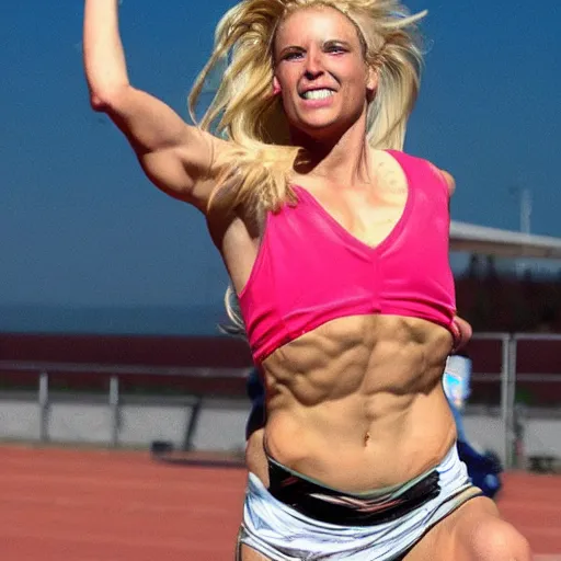 Prompt: A blonde woman super athlete breaks the sound barrier