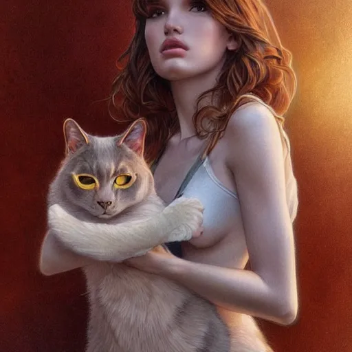 Image similar to ultra realistic illustration, bella thorne as a cat, intricate, elegant, highly detailed, digital painting, artstation, concept art, smooth, sharp focus, illustration, art by artgerm and greg rutkowski and alphonse mucha