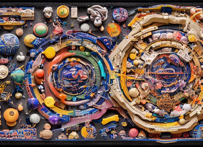 Prompt: diorama of the shape of the universe, tibetan cosmology, occult abiogenesis, hyper - detailed, plastic, rubber, wood, glass, play - doh, realistic materials, 4 k, octane render, daylight, fujifilm velvia 5 0, color photography, sigma 2 8 mm, the intoxicating pleasure of conspiratorial thinking