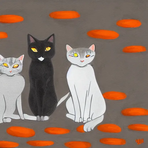 Image similar to An orange cat, a gray cat, a spotted white and gray cat, and a siamese cat sitting side-by-side facing us, cinematic atmosphere, art by Arist Deyn.