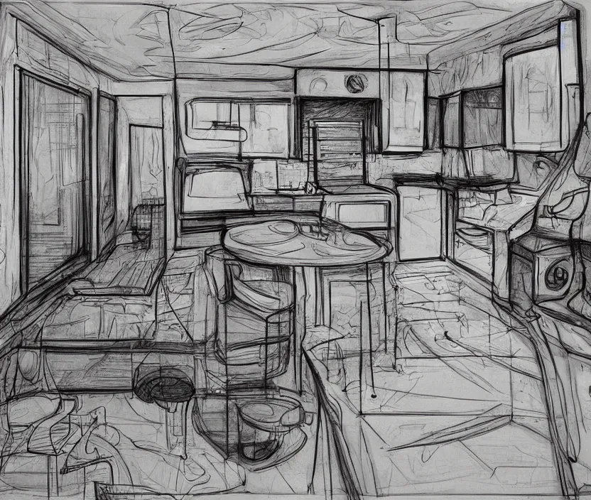 Image similar to An of interior of a kitchen at night, rotoscoped, rotoscope, photoshop, photomanipulation, realism, painting, illustration and sketch, weird scribbles, hybrid styles, hybrid art styles, mismatched, trending on artstation, trending on deviantart, weird, quirky, interesting, very detailed, highly detailed, HD Quality, 4k resolution, 8k resolution, in the style of David Firth, in the style of James Lee, in the style of Drue Langlois,