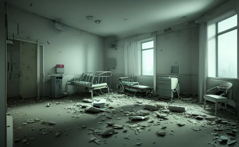 Image similar to an abandoned hospital room, octane render, artstation trending, highly detailded