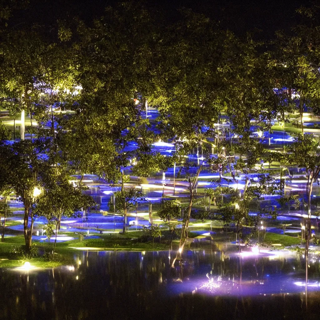 Prompt: park drowned in water with lots of lights at night