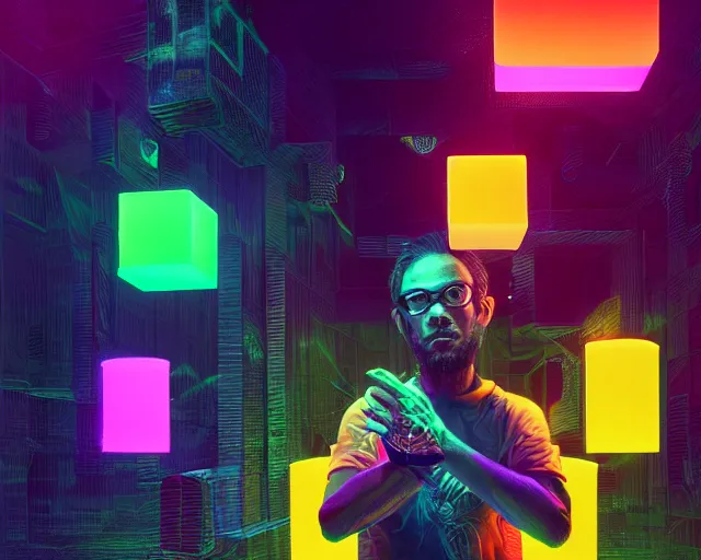 Prompt: portrait of wizard with neonyellow cubes, intricate abstract. intricate artwork, by tooth wu, wlop, beeple, dan mumford. concept art, octane render, trending on artstation, greg rutkowski very coherent symmetrical artwork. cinematic, key art, hyper realism, high detail, octane render, 8 k, iridescent accents