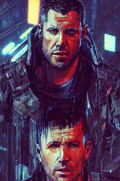 Image similar to cyberpunk military character ( blade runner 2 0 4 9, dystopian, cyberpunk 2 0 7 7 character design ). attractive face. portrait by james gurney and laurie greasley and yoji shinkawa, oil on canvas. cinematic composition, hyper realism, realistic proportions, anatomy, dramatic lighting, photorealistic, high detail, 4 k