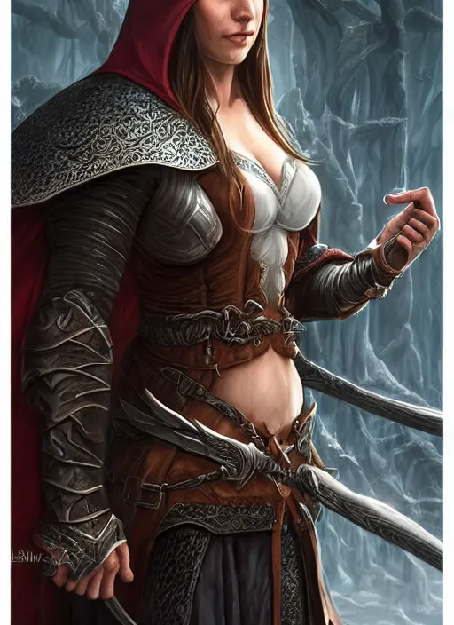 Prompt: a serious hooded half elf middle aged rogue, strong, full body, 8 k, hyperrealistic, dragon slayer, hyperdetailed, fantasy portrait by laura sava