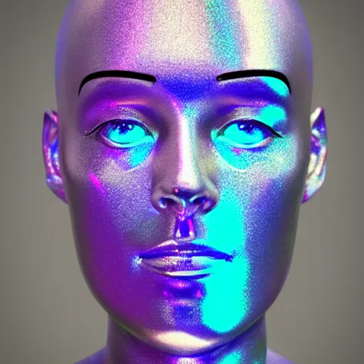 Image similar to 3d render of holographic human robotic head made of glossy iridescent, surrealistic 3d illustration of a human face non-binary, non binary model, 3d model human, cryengine, made of holographic texture, holographic material, holographic rainbow, concept of cyborg and artificial intelligence