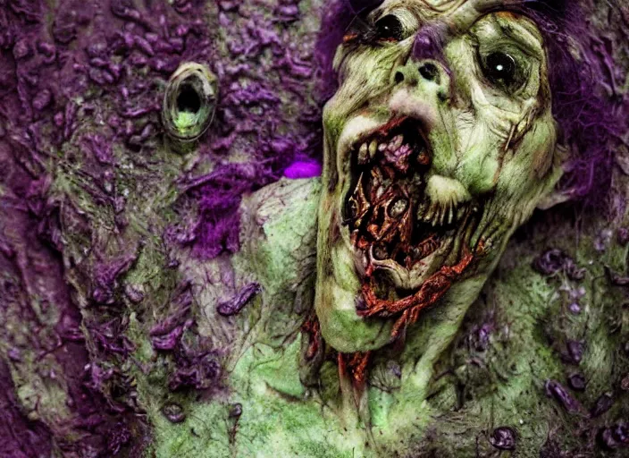 Prompt: purple rotting zombie by otto dix, junji ito, hr ginger, jan svankmeyer, beksinski, claymation, stop motion, hyperrealistic, aesthetic, masterpiece, award winning