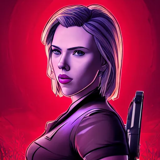 Image similar to scarlett johansson portrait, borderlands, tales from the borderlands, the wolf among us, comic, cinematic lighting, studio quality, 8 k