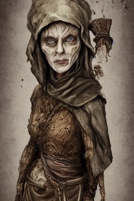 Image similar to middle aged woman with pustules, sad eyes, medieval clothing, lord of the rings style, highly detailed digital art, creepy atmosphere, overcast weather, trending on artstation