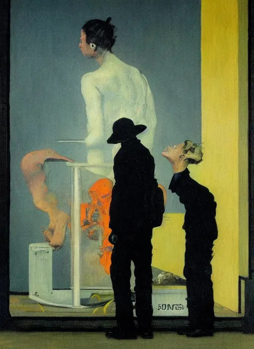 Image similar to two figures and a black dog at gas station with portable oxygen tank in the style of Francis Bacon and Zdzislaw Beksinski, Edward Hopper and Norman Rockwell, highly detailed, very coherent, triadic color scheme