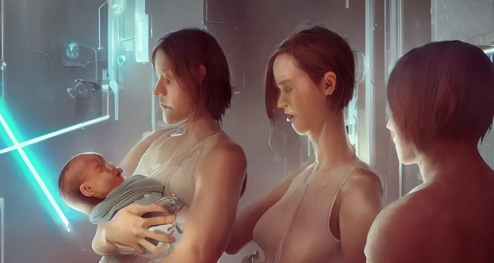 Image similar to a very very very very very very beautiful realistic still of a woman holding a newly born cyborg baby in a cyborg factory hospital, rendered by beeple, by makoto shinkai, syd meade, starwars, space art concept, sci - fi, digital art, unreal engine, wlop, trending on artstation, 4 k uhd image, octane render