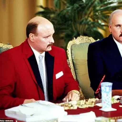 Image similar to Alexander Lukashenko in Scarface, bags of cocaine on the table, belarusian flag in the background, cinematic still