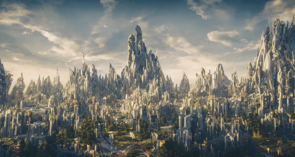 Prompt: majestic futuristic elf city made of white stone and decorated with gold, plants and trees, futuristic cars flying around, epic buildings in the center, light clouds, cinematic sky, sunrise, 8 k, unreal engine 5, sharp