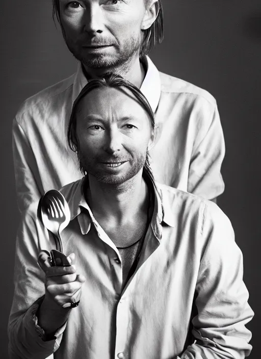 Image similar to a portrait of thom yorke from radiohead holding a spork and grinning weirdly. realistic, photograph, high definition, 4 k, soft lighting