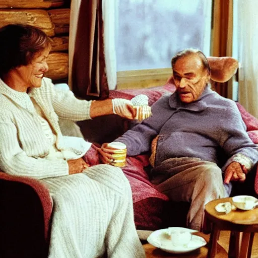 Image similar to terence hill drinking tea with an elderly lady in his mountain cabin, a cute earth pillow is visible in the couch