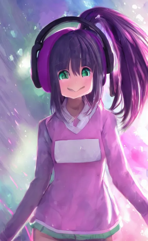 Image similar to anime girl with pink ponytail, wearing purple headphones, wearing a green sweater, with a smile on her face and her eyes closed, walking down a street, dynamic lighting, photorealistic fantasy concept art, trending on art station, very detailed, anime concept art, stunning visuals, creative, cinematic, ultra detailed