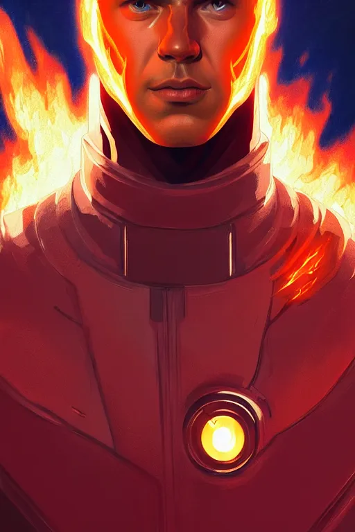 Image similar to a portrait of human torch ( johnny storm ), fantasy, sharp focus, intricate, elegant, digital painting, artstation, matte, highly detailed, concept art, illustration, ambient lighting, art by ilya kuvshinov, artgerm, alphonse mucha, and greg rutkowski