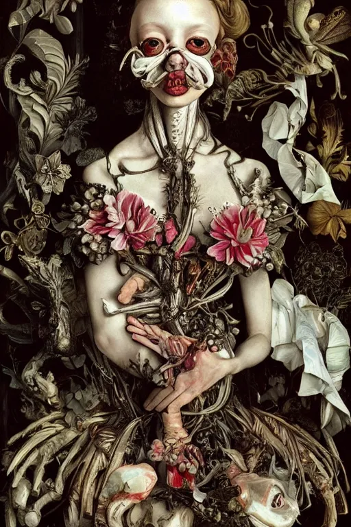 Image similar to Detailed maximalist portrait a with large lips and with large eyes, exasperated expression, botanical skeletal with extra flesh, high fashion, HD mixed media, 3D collage, highly detailed and intricate, surreal illustration in the style of Caravaggio and Jenny saville, dark art, baroque