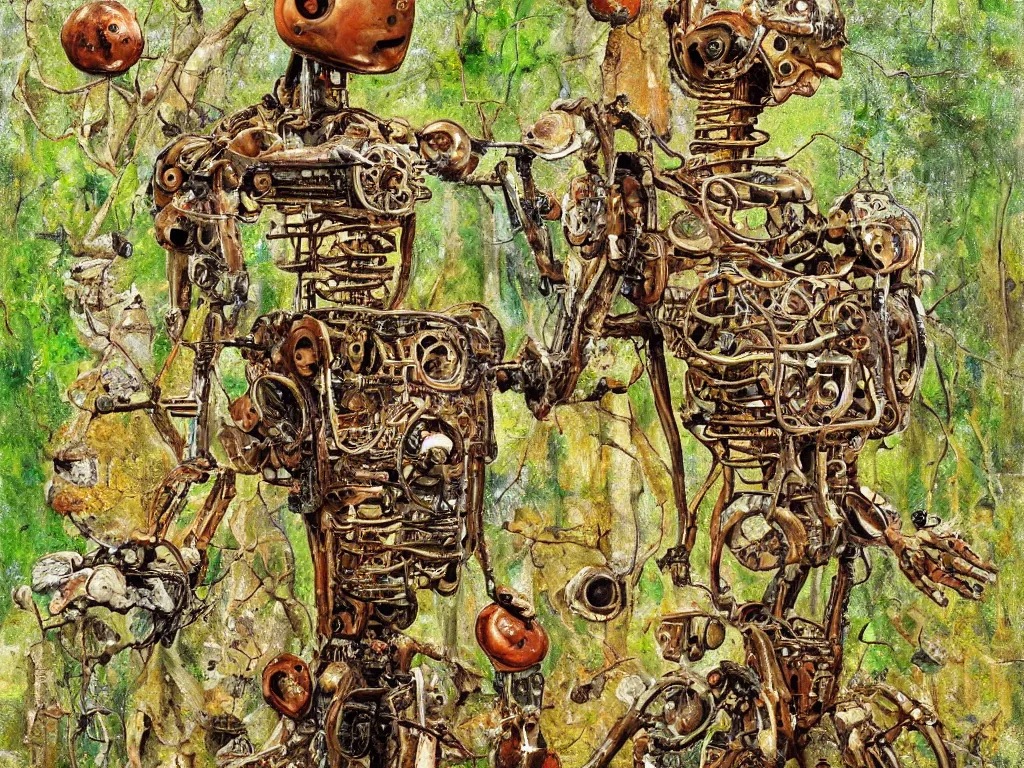 Prompt: painting of a rusty humanoid mechanical robotic robot, on forest floor, leaning against a tree, with mushrooms growing out of its head, by Salvador Dali, mechanical humanoid robot, high quality, simplicity, exquisite