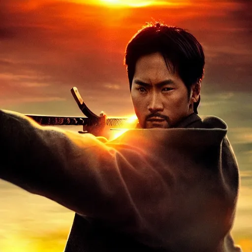 Prompt: epic movie cover depicting a samourai facing the sunset, cinematic lighting