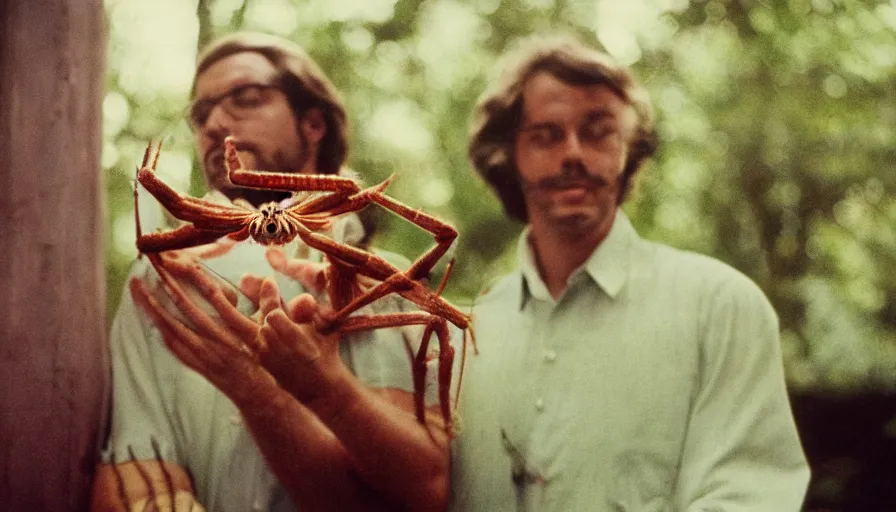 Image similar to 7 0 s movie still of a man with spider in chest, cinestill 8 0 0 t 3 5 mm eastmancolor, heavy grain, high quality, high detail