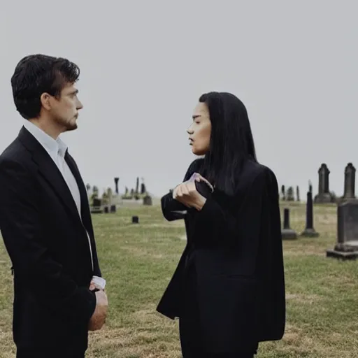 Image similar to A photo of a woman in a black outfit and a man in a black suit talking in a gloomy cemetery