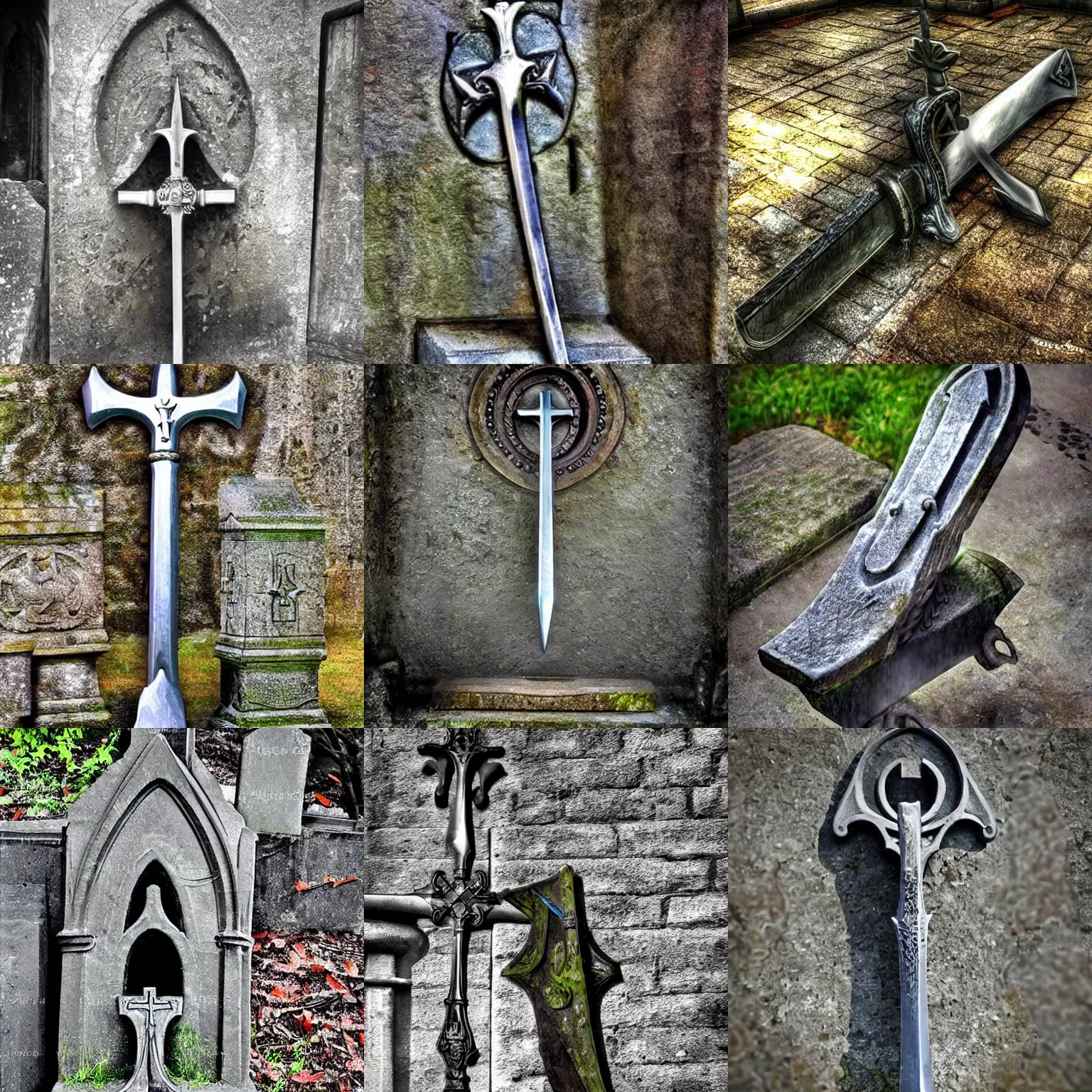 Prompt: Sword in an anvil in a church graveyard. Beautiful digital art