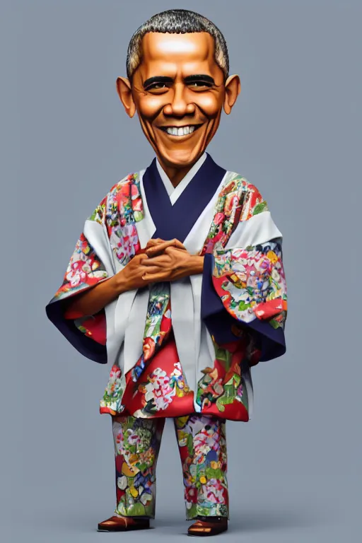 Prompt: full body 3d render of barack obama as an chibi figurine wearing a beautiful kimono, shinto shrine, blender, trending on artstation, 8k, highly detailed, bokeh, depth of field