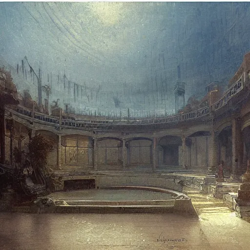 Prompt: painting of a scifi ancient civilzation victorian swimming pool, andreas achenbach, beksinski