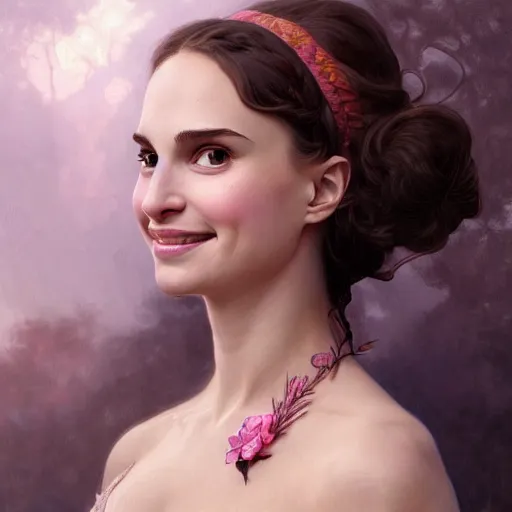 Prompt: smiling cheshire cat, portrait of a young natalie portman, intricate, elegant, highly detailed, digital painting, artstation, concept art, smooth, sharp focus, illustration, art by artgerm and greg rutkowski and alphonse mucha and william - adolphe bouguereau