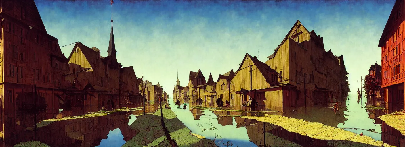 Image similar to flooded old wooden city street, very coherent and colorful high contrast masterpiece by norman rockwell rene magritte simon stalenhag carl spitzweg jim burns, full - length view, dark shadows, sunny day, hard lighting, reference sheet white background