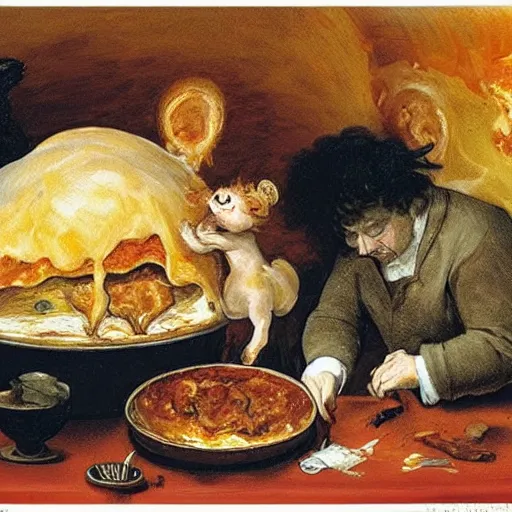 Image similar to garfield devouring a piping hot lasagna in the style of goya's saturn devouring his child