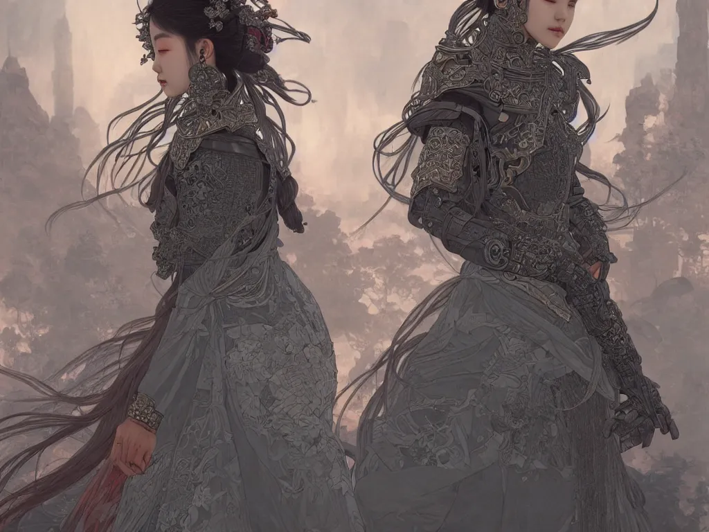 Image similar to portrait jisoo blackpink, grey hair armored samurai clothes, inside fire japanese temple, ssci - fi and fantasy, intricate and very very beautiful and elegant, highly detailed, digital painting, artstation, concept art, smooth and sharp focus, illustration, art by tian zi and wlop and alphonse mucha