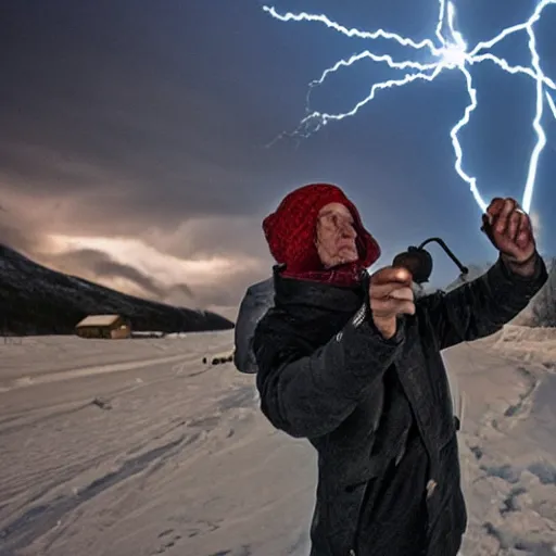 Prompt: Jonas Gahr Støre powering Norwegian village by shooting lightning out of his hands, glowing eye