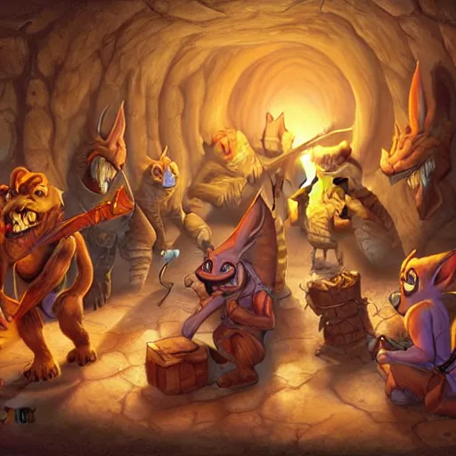 Prompt: D&D, a group of kobolds digging in a tunnel by torchlight, artwork by Artgerm, Don Bluth