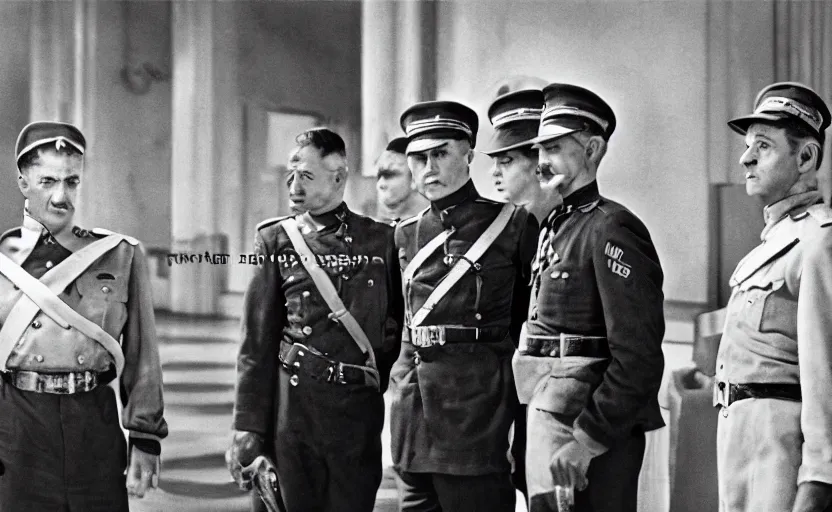 Image similar to 50s movie still of very diverse one general, one officers, one marshal, with very detailed faces in a stalinist style hall, by Alexei Guerman, Cinestill 800t 35mm black and white, heavy grainy picture, very detailed, high quality, 4k, HD criterion, precise texture, diverse faces, diverse haircuts, diverse ages, each faces precisely define