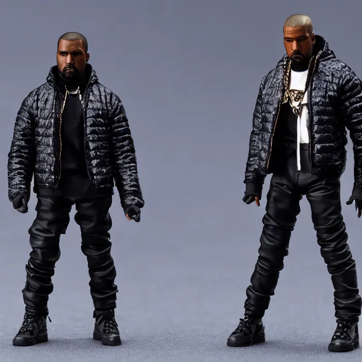 Prompt: a action figure of kanye west using a full face covering black mask, a small, tight, undersized reflective bright blue round puffer jacket made of nylon, dark jeans pants and big black balenciaga rubber boots, figurine, detailed product photo