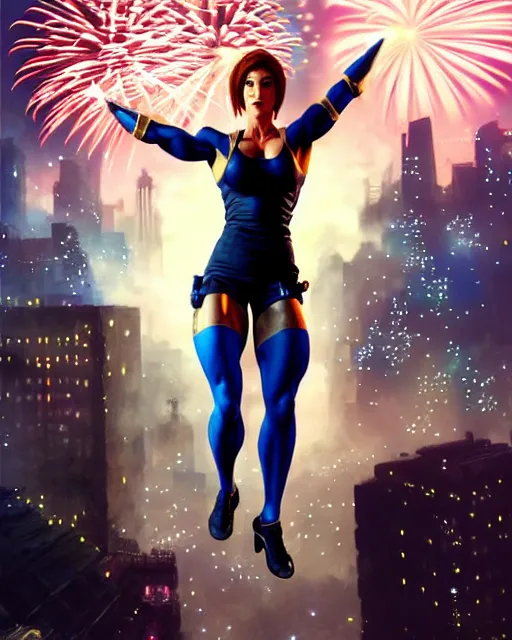 Prompt: gigachad jill valentine bodybuilder jumping in front of a fireworks show fighting wearing a suit in the fight club city, fantasy character portrait, ultra realistic, anime key visual, full body concept art, intricate details, highly detailed by greg rutkowski, ilya kuvshinov, gaston bussiere, craig mullins, simon bisley