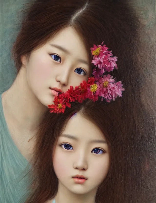 Prompt: flower girl, wonderful eyes, her loose hair, delicate, intricate details, a real masterpiece, oil on canvas, author li zhang