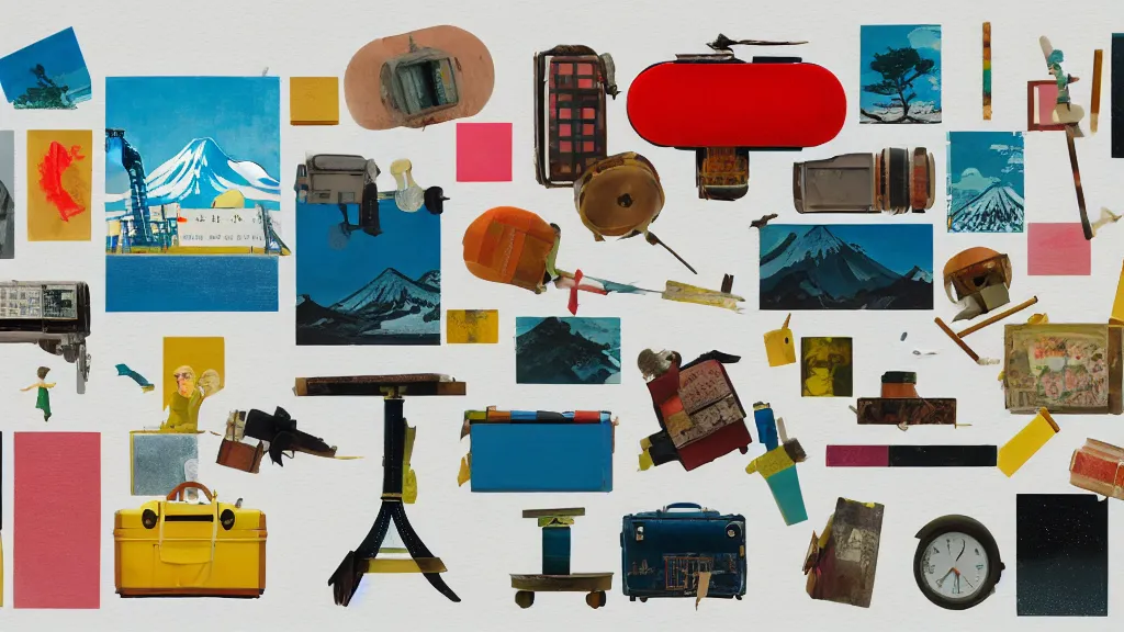 Image similar to an arrangement of traveller explorer props, japan, a collage painting, in the style of wes anderson, lola dupre, david hockney, isolated on negative white space background dark monochrome neon spraypaint accents volumetric octane render