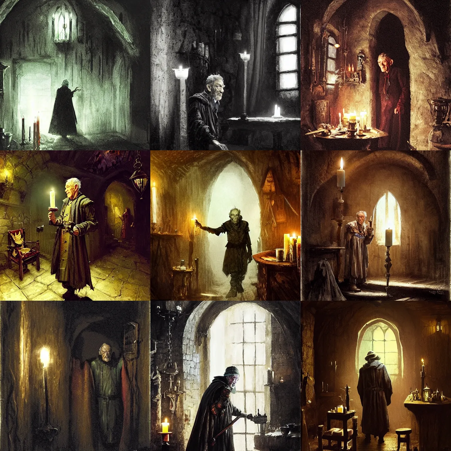 Prompt: skinny, cautious, paranoid 7 0 years old alchemist ( ian mckellen with a goatee ), looks around in a dark medieval inn. dark shadows, colorful, candle light, law contrasts, fantasy concept art by jakub rozalski, jan matejko, and j. dickenson